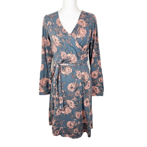 Moosungeek Dress Women Large Blue Floral All Over Print Long Sleeve Surplice - Picture 1 of 15